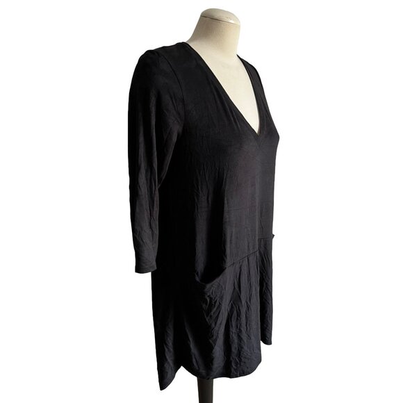 Peach Love Faux Suede Black Dress Sz Medium Womens 3/4 Sleeve Knee Length Pocket - Picture 5 of 10